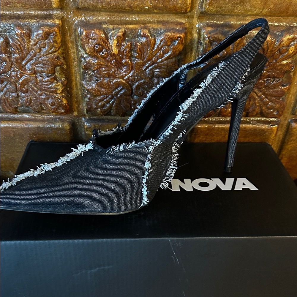 Black Frayed Slingback Heels